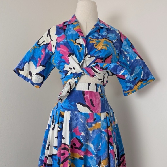 80s Floral Skirt Set Button Down Short Sleeve Shirt Circle Pleated Midi Full - Picture 3 of 5